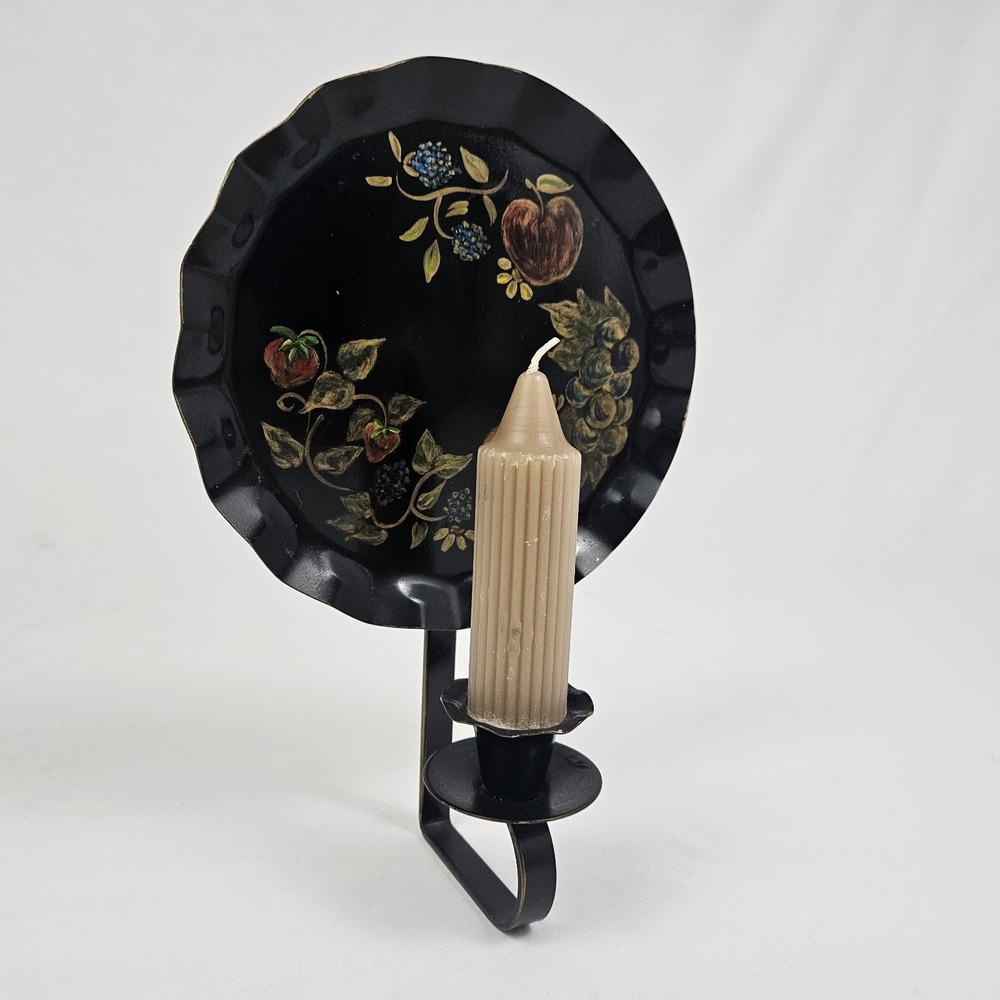 Vintage Metal Toleware Candle Holder Wall Sconce Hand Painted Fruit Primitive